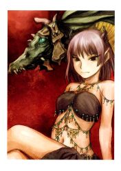 Rule 34 | 1girl, abe yoshitoshi, absurdres, bare arms, bare legs, bare shoulders, black bra, black eyes, black horns, border, bra, closed mouth, crossed legs, dragon, fang, fang out, highres, horns, jewelry, midriff, navel, necklace, no pupils, non-web source, original, pointy ears, purple hair, red background, sharp teeth, short hair, sitting, small horns, smile, solo, strapless, strapless bra, teeth, underwear, white border