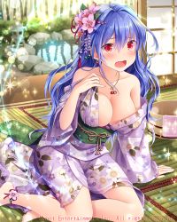 Rule 34 | 1girl, blush, breasts, cleavage, falkyrie no monshou, fang, flower, hair flower, hair ornament, japanese clothes, jewelry, kimono, large breasts, light purple hair, long hair, looking at viewer, natsumekinoko, necklace, official art, open mouth, purple kimono, red eyes, sitting, sliding doors, solo, yukata