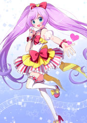 Rule 34 | 1girl, :d, ahoge, bad id, bad pixiv id, blue eyes, bow, detached sleeves, frilled thighhighs, frills, hair bow, hair ornament, hair ribbon, koto (colorcube), long hair, looking at viewer, manaka laala, open mouth, pretty series, pripara, purple hair, reaching, ribbon, smile, solo, thighhighs, twintails, very long hair, white thighhighs, zettai ryouiki