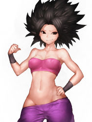 Rule 34 | 10s, 1girl, bare shoulders, big hair, black eyes, black hair, breasts, cameltoe, caulifla, clothes pull, covered erect nipples, curvy, dragon ball, dragon ball super, fat mons, female focus, fumio (rsqkr), groin, hip focus, looking at viewer, medium breasts, midriff, navel, no bra, pants, pants pull, puffy nipples, short hair, simple background, smile, solo, spiked hair, strapless, tube top, white background