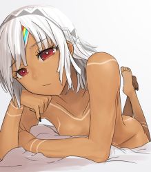 Rule 34 | 1girl, altera (fate), barefoot, black nails, breasts, dark skin, dark-skinned female, fate/grand order, fate (series), feet, full-body tattoo, i-pan, looking at viewer, lying, nail polish, nude, on stomach, red eyes, short hair, small breasts, solo, tattoo, white hair