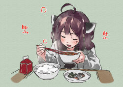 Rule 34 | 1girl, ahoge, blush, bowl, brown hair, chopsticks, closed eyes, facing viewer, food, food request, green background, headgear, holding, holding bowl, holding chopsticks, japanese clothes, kimono, lamb (hitsujiniku), long sleeves, plate, simple background, solo, steam, sweat, table, touhoku kiritan, translation request, upper body, voiceroid, white kimono, wide sleeves