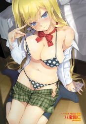 Rule 34 | 1girl, absurdres, arm support, bed, bedroom, bikini, bikini under clothes, black bikini, black socks, blonde hair, blue eyes, blue socks, blush, bow, bowtie, breasts, buttoned cuffs, buttons, cleavage, clothes pull, collarbone, collared shirt, dress shirt, female focus, from above, green skirt, half-closed eyes, happoubi jin, head tilt, highres, indoors, kneehighs, large breasts, long hair, long sleeves, looking at viewer, miniskirt, navel, no shoes, off shoulder, on floor, open clothes, open cuffs, open fly, open shirt, original, plaid, plaid skirt, pleated skirt, polka dot, polka dot bikini, polka dot swimsuit, red bow, red bowtie, scan, seductive smile, shirt, side-tie bikini bottom, sitting, skirt, skirt pull, smile, socks, solo, strap pull, sweat, swimsuit, unzipped, very long hair, wariza, white shirt