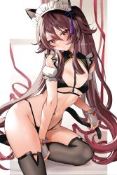 Rule 34 | 1girl, alternate costume, animal ears, bikini, black thighhighs, breasts, brown hair, cat ears, cat tail, closed mouth, commentary request, enmaided, fingerless gloves, flower-shaped pupils, genshin impact, gloves, grey gloves, hair ornament, highres, hu tao (genshin impact), long hair, low twintails, maid, maid bikini, maid headdress, navel, red eyes, seiru (prairie), small breasts, solo, stomach, swimsuit, symbol-shaped pupils, tail, tassel, tassel hair ornament, thighhighs, thighs, twintails, unconventional maid, very long hair
