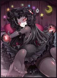 Rule 34 | 10s, 1girl, abyssal ship, black hair, blush, character doll, dress, feet, floating fortress (kancolle), foot focus, glowing, glowing eyes, gothic lolita, horns, isolated island oni, kantai collection, lolita fashion, long hair, looking at viewer, matanonki, no shoes, northern ocean princess, pale skin, pantyhose, red eyes, smile, soles, solo, thighband pantyhose, toes