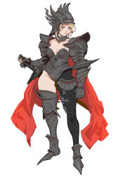Rule 34 | 1girl, absurdres, arm at side, armor, armored boots, black pantyhose, blonde hair, blue eyes, boots, breasts, cape, closed mouth, commentary, english commentary, full armor, full body, gauntlets, grey armor, grey leotard, hand up, helmet, highres, knight, leotard, looking to the side, medium breasts, ori dal, original, pantyhose, pauldrons, plate armor, red cape, revealing clothes, sheath, sheathed, short hair, shoulder armor, simple background, single leg pantyhose, smile, solo, standing, sword, thigh boots, weapon, white background, winged helmet