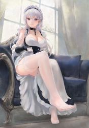 Rule 34 | 1girl, apron, azur lane, belfast (azur lane), blue dress, blue eyes, braid, breasts, chain, cleavage, collar, collarbone, commentary request, dress, elbow gloves, french braid, frills, garter straps, gloves, highres, large breasts, long hair, looking at viewer, maid headdress, silver hair, simple background, smile, solo, swept bangs, waist apron, white background, white legwear