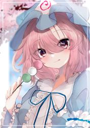 Rule 34 | 1girl, absurdres, blue hat, blue kimono, blue ribbon, blurry, blurry background, blush, breasts, center frills, closed mouth, commentary request, dango, eyes visible through hair, food, frilled kimono, frilled sleeves, frills, hat, head tilt, highres, holding, holding food, japanese clothes, juliet sleeves, kimono, long sleeves, looking at viewer, medium breasts, neck ribbon, outdoors, pink hair, puffy sleeves, red eyes, ribbon, saigyouji yuyuko, shion 343, short hair, smile, solo, tongue, tongue out, touhou, triangular headpiece, upper body, wagashi