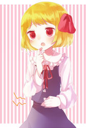 Rule 34 | 1girl, blonde hair, blouse, busujima (kusahana), cowboy shot, fang, hair ribbon, hand on own stomach, holding stomach, hungry, long sleeves, neck ribbon, open mouth, red eyes, ribbon, rumia, shirt, short hair, skirt, skirt set, solo, stomach growling, striped, striped background, sweatdrop, touhou, vertical stripes, vest