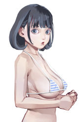 Rule 34 | 1girl, absurdres, bikini, black hair, blue bikini, blue eyes, blunt bangs, breasts, from side, halterneck, highres, inamitsu shinji, large breasts, lips, looking at viewer, looking to the side, original, own hands together, paid reward available, parted lips, short hair, simple background, solo, strap gap, striped bikini, striped clothes, swimsuit, tareme, upper body, white background