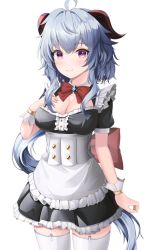 Rule 34 | ahoge, blue hair, blush, bow, bowtie, breasts, cleavage, ganyu (genshin impact), genshin impact, hand on own chest, highres, horns, long hair, looking at viewer, maid, medium breasts, multicolored eyes, nersiyan, purple eyes, sidelocks, smile, solo, standing, white background, wrist cuffs