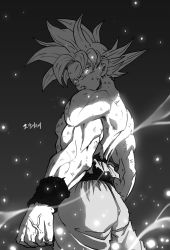 Rule 34 | 1boy, artist request, dragon ball, dragon ball super, highres, injury, looking at viewer, looking to the side, monochrome, muscular, serious, solo, son goku, spiked hair, standing, translation request, ultra instinct, upper body
