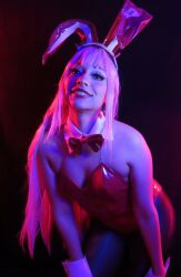 Rule 34 | 1girl, absurdres, animal ears, bare shoulders, breasts, cleavage, cosplay, darling in the franxx, fake animal ears, female focus, green eyes, highres, horns, indoors, leotard, long hair, looking at viewer, mexican (nationality), photo (medium), pink hair, playboy bunny, small breasts, solo, taliverse, zero two (darling in the franxx), zero two (darling in the franxx) (cosplay)