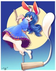 Rule 34 | 1girl, animal ears, aozora market, bare shoulders, barefoot, blue hair, rabbit ears, dated, dress, earclip, food, jumping, kine, mallet, mochi, open mouth, red eyes, seiran (touhou), short sleeves, solo, touhou, wagashi
