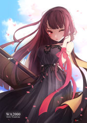 Rule 34 | 1girl, alternate hairstyle, arm ribbon, bare shoulders, black dress, black footwear, black gloves, blue sky, blunt bangs, blush, breasts, cello case, character name, choker, cloud, day, dress, earrings, floating hair, girls&#039; frontline, gloves, tucking hair, half gloves, highres, jewelry, jjickjjicke, large breasts, light particles, long hair, looking at viewer, official alternate costume, one eye closed, open mouth, petals, pink ribbon, purple hair, red eyes, ribbon, sidelocks, signature, single glove, sky, solo, tsurime, very long hair, wa2000 (ballroom interlude) (girls&#039; frontline), wa2000 (girls&#039; frontline), wind