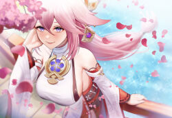 Rule 34 | 1girl, absurdres, animal ears, anoreika tomoe, bare shoulders, blush, breasts, cherry blossoms, commentary, detached sleeves, fox ears, genshin impact, highres, large breasts, long hair, long sleeves, looking at viewer, low-tied long hair, nontraditional miko, obi, petals, pink hair, purple eyes, sash, shirt, sleeveless, sleeveless shirt, smile, solo, upper body, very long hair, white shirt, yae miko