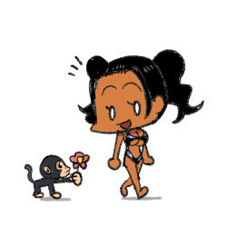 Rule 34 | 1girl, animal, arung samudra (cessa), black hair, cessa, chibi, dark-skinned female, dark skin, flower, holding, holding flower, lowres, monkey, ombok diving and delivery services, one-piece swimsuit, open mouth, pink flower, profile, shadow, simple background, smile, solo, swimsuit, twintails, walking, white background