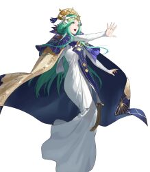 Rule 34 | 1girl, cape, crown, dress, female focus, fire emblem, fire emblem: three houses, fire emblem heroes, flower, full body, gold trim, green eyes, green hair, hair ornament, hand up, highres, jewelry, long dress, long hair, long skirt, long sleeves, looking at viewer, looking away, matching hair/eyes, nintendo, official art, open mouth, parted bangs, rhea (fire emblem), skirt, solo, teeth, transparent background, upper teeth only, white dress, zonotaida