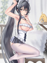 Rule 34 | 1girl, absurdres, arm up, armpits, azur lane, black eyes, black hair, blurry, blurry background, breasts, buko (bukosuki), dress, feet out of frame, from side, hand in own hair, highres, indomitable (azur lane), indomitable (ms. motivationless maid) (azur lane), large breasts, long hair, looking at viewer, maid, maid headdress, manjuu (azur lane), official alternate costume, open mouth, panties, panty pull, pantyhose, ponytail, snowflakes, solo, standing, standing on one leg, thighs, tongue, tongue out, underboob, underwear, very long hair, white pantyhose