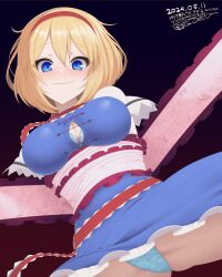Rule 34 | 1girl, alice margatroid, blonde hair, blue eyes, blue panties, bound, breasts, dated, frilled ribbon, frills, hairband, highres, kuresento, looking at viewer, panties, red hairband, restrained, ribbon, short hair, shy, smile, solo, touhou, underwear