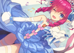 Rule 34 | 1girl, bare shoulders, blue dress, blue eyes, blush, breasts, dragon girl, dragon horns, dragon tail, dress, elizabeth bathory (cinderella rider) (fate), elizabeth bathory (fate), fate/grand order, fate (series), fujimaru ritsuka (female), fujimaru ritsuka (female) (halloween royalty), hair ribbon, highres, horns, long hair, looking at viewer, official alternate costume, one eye closed, open mouth, pink hair, pointy ears, ribbon, saipaco, sidelocks, small breasts, smile, solo, tail