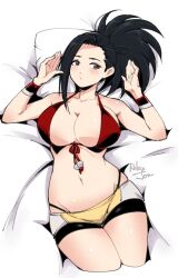 Rule 34 | 1girl, alternate costume, bikini, black hair, boku no hero academia, breasts, commentary, hair pulled back, highres, large breasts, long hair, looking at viewer, navel, ponytail, red bikini, relaxjon, shiny skin, short shorts, shorts, simple background, solo, swimsuit, thick thighs, thighs, yaoyorozu momo