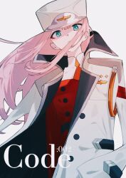 Rule 34 | 1girl, aoi (altea0923), closed mouth, coat, coat on shoulders, commentary, darling in the franxx, eyeliner, green eyes, hat, highres, long hair, looking at viewer, looking down, makeup, necktie, orange necktie, peaked cap, pink hair, red eyeliner, red shirt, shirt, simple background, solo, standing, upper body, white background, white coat, white hat, zero two (darling in the franxx)