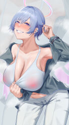 Rule 34 | 1girl, :d, absurdres, arknights, arm up, armpits, blue hair, blue nails, bracelet, breasts, cleavage, collarbone, ear piercing, earrings, grey jacket, grin, halo, highres, infection monitor (arknights), jacket, jewelry, large breasts, leaning forward, long sleeves, looking at viewer, nail polish, navel, nipples, open clothes, open jacket, open mouth, pants, parted lips, piercing, purple eyes, see-through, short hair, smile, solo, sports bra, spuria (arknights), stud earrings, white pants, white sports bra, zhait007