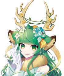 1girl animal_ears antlers breasts deer_ears dress green_eyes green_hair haruka_karibu highres horns indie_virtual_youtuber long_hair looking_at_viewer open_mouth puppeteer7777 reindeer_antlers reindeer_girl smile solo upper_body virtual_youtuber