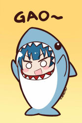 Rule 34 | &gt;:d, 10s, 1girl, :d, animal costume, artist name, blue hair, blush, blush stickers, chibi, chroneco, costume, gao, love live!, love live! sunshine!!, md5 mismatch, o o, open mouth, shark, sharp teeth, simple background, smile, solid circle eyes, solo, source request, teeth, tsushima yoshiko, v-shaped eyebrows