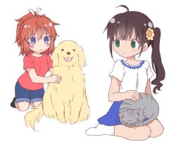 Rule 34 | 2girls, ahoge, animal, animal on lap, black legwear, blue eyes, blue shorts, blue skirt, blush, blush stickers, breasts, brown hair, cat, closed mouth, commentary request, dog, eye contact, flower, green eyes, hair between eyes, hair flower, hair ornament, hair ribbon, high ponytail, kneeling, koshigaya natsumi, long hair, looking at another, looking back, multiple girls, niizato aoi, non non biyori, on lap, pleated skirt, ponytail, red shirt, ribbon, shika (s1ka), shirt, short sleeves, shorts, side ponytail, simple background, skirt, small breasts, socks, white background, white ribbon, white shirt, white socks, yellow flower