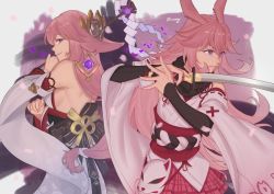 Rule 34 | 2girls, absurdres, animal ears, artist name, back, back-to-back, bare shoulders, border, closed mouth, company connection, crossover, earrings, fox ears, fox mask, genshin impact, grey border, hair ornament, highres, holding, holding sword, holding weapon, honkai (series), honkai impact 3rd, japanese clothes, jewelry, katana, long hair, mask, mihoyo, miko, multiple girls, pink background, pink hair, pink skirt, purple eyes, sakura ayane, skirt, smile, sword, trait connection, voice actor connection, weapon, white sleeves, yae miko, yae sakura, yae sakura (gyakushinn miko), yjwong