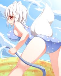 Rule 34 | 1girl, animal ears, ass, bad id, bad pixiv id, breasts, hajime (ak-r), inubashiri momiji, looking back, one-piece swimsuit, red eyes, school swimsuit, sideboob, solo, swimsuit, tail, touhou, wading, white hair, wolf ears, wolf tail
