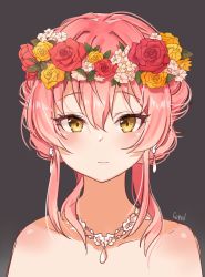 Rule 34 | 1girl, bad id, bad pixiv id, bare shoulders, brown eyes, closed mouth, collarbone, commentary request, earrings, flower, flower wreath, goyain, grey background, hair between eyes, head wreath, highres, idolmaster, idolmaster cinderella girls, idolmaster cinderella girls starlight stage, jewelry, jougasaki mika, long hair, looking at viewer, pink hair, red flower, red rose, rose, sidelocks, signature, simple background, solo, upper body, white flower, yellow flower, yellow rose