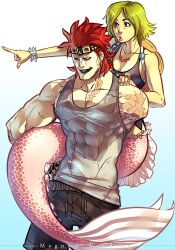 Rule 34 | 1boy, 1girl, :o, amputee, blush, breasts, brown eyes, camie (one piece), cleavage, eustass kid, goggles, green hair, hetero, jewelry, large breasts, lipstick, makeup, mermaid, monster girl, muscular, muscular male, necklace, one piece, red hair, short hair, shorts, tank top, third-party source, zombieholic