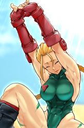 Rule 34 | 1girl, abs, ahoge, armpits, bodypaint, braid, breasts, cammy white, capcom, closed eyes, fighting game, gauntlets, green leotard, highleg, highres, huge ahoge, koda1ra, leotard, muscular, muscular female, scar, solo, street fighter, stretching, thighs, thong leotard, toned, trembling, twin braids