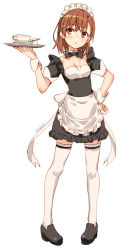 Rule 34 | 1girl, :&lt;, alternate costume, apron, black bow, black bowtie, black dress, blush, bow, bowtie, breasts, brown eyes, brown footwear, brown hair, cleavage, closed mouth, cup, detached collar, dress, enmaided, female focus, frilled apron, frilled dress, frills, full body, hand on own hip, holding, holding tray, looking at viewer, maid, maid headdress, misaka mikoto, pigeon-toed, raika9, short hair, short sleeves, simple background, small breasts, solo, standing, teacup, thighhighs, toaru kagaku no railgun, toaru majutsu no index, traditional bowtie, tray, waist apron, white apron, white thighhighs, zettai ryouiki