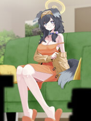 Rule 34 | 1girl, alternate breast size, alternate costume, animal ears, b.t. (boob tong), bare legs, bare shoulders, barefoot, black hair, blue archive, blush, breasts, couch, dress, hairband, halo, hibiki (blue archive), highres, indoors, jacket, large breasts, looking at viewer, off shoulder, on couch, open mouth, orange dress, purple eyes, sitting, slippers, smile, solo, strap slip