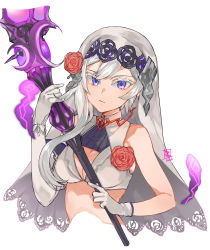 Rule 34 | 1girl, absurdres, breasts, closed mouth, dated, elbow gloves, gloves, hands up, highres, holding, holding staff, long hair, looking at viewer, medium breasts, purple eyes, signature, single elbow glove, sinoalice, snow white (sinoalice), solo, staff, upper body, white gloves, white hair, yun-yang