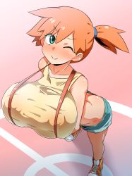 Rule 34 | 1girl, ;), alternate breast size, ass, bare shoulders, blue eyes, blush, breast hold, breasts, butt crack, creatures (company), crop top, covered erect nipples, full body, furau, game freak, highres, huge breasts, leaning forward, looking at viewer, midriff, misty (pokemon), nintendo, one eye closed, orange hair, pokemon, pokemon (anime), short ponytail, shorts, smile, solo, suspenders