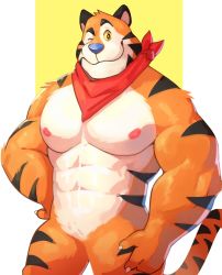 Rule 34 | &gt; o, 1boy, abs, animal ears, bara, cliok (megacilok), colored sclera, cowboy shot, furry, furry male, hand on own hip, highres, kellogg&#039;s, large pectorals, looking at viewer, male focus, muscular, muscular male, nipples, nude, one eye closed, orange fur, pectorals, solo, stomach, tail, thick thighs, thighs, tiger boy, tiger ears, tiger tail, tony the tiger, yellow sclera