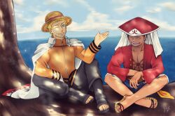 Rule 34 | 2boys, aged up, black hair, blonde hair, blue eyes, brillantkaro, cape, closed eyes, cloud, cloudy sky, crossed legs, crossover, day, facial scar, full body, hat, headwear switch, male focus, monkey d. luffy, multiple boys, naruto, naruto (series), one eye closed, one piece, open clothes, open mouth, outdoors, red shirt, sandals, scar, scar on cheek, scar on chest, scar on face, shirt, short hair, shorts, signature, sitting, sky, smile, straw hat, teeth, uzumaki naruto, whiskers, white cape