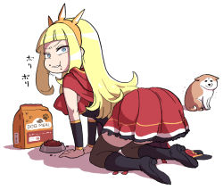 Rule 34 | 1girl, all fours, blonde hair, blue eyes, cagliostro (granblue fantasy), circlet, constricted pupils, dog, pet food, eating, food, food on face, granblue fantasy, long hair, looking back, shadow, solo, thighhighs, white background, yoshino norihito