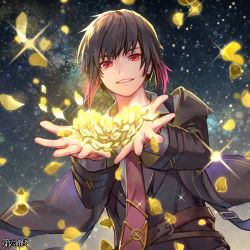 Rule 34 | 1boy, black hair, brown eyes, character request, coat, commentary request, dairoku ryouhei, flower, golden rose, hands up, multicolored hair, necktie, night, official art, penguu (green528), petals, red hair, rose, shirt, smile, star (symbol), starry background, streaked hair, wind
