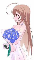 Rule 34 | 1girl, absurdres, ahoge, bare shoulders, black hair, blue flower, blue rose, blush, bouquet, breasts, brown eyes, brown hair, choker, cleavage, commentary, dress, english commentary, flower, from side, highres, holding, holding bouquet, hololive, hololive english, long hair, magui3, medium breasts, multicolored hair, nanashi mumei, profile, rose, simple background, solo, strapless, strapless dress, streaked hair, virtual youtuber, white background, white choker, white dress, white hair