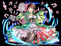 Rule 34 | :o, bass clef, beamed sixteenth notes, black background, black footwear, black gloves, blue eyes, blush, boots, bow, braid, brown hair, cape, copyright request, corset, detached sleeves, earrings, eighth note, fantasy, full body, g clef, gloves, green cape, grey legwear, hair bow, hakuda tofu, hand up, holding, holding microphone, jewelry, looking at viewer, microphone, musical note, official art, pantyhose, pink bow, puffy short sleeves, puffy sleeves, quarter note, short sleeves, sixteenth note, sparkle, striped clothes, striped legwear, striped pantyhose, tassel, tassel earrings, vertical-striped clothes, vertical-striped pantyhose, watermark