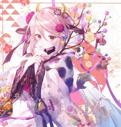 Rule 34 | 1girl, animal ears, animal print, bell, branch, cow ears, cow horns, cow print, cow tail, cowbell, flower, frills, hair flower, hair ornament, highres, horns, ibara riato, japanese clothes, kimono, looking at viewer, obi, original, pink hair, red eyes, ribbon, sash, solo, tail, upper body