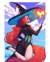 Rule 34 | afk arena, dress, fire, hat, high heels, highres, long hair, looking at viewer, mirael (afk journey), orensje, potion, red hair, side slit, very long hair, vial, witch hat
