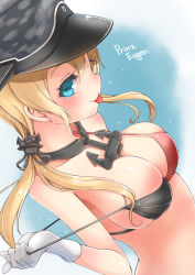 Rule 34 | 10s, 1girl, :p, adapted costume, alternate costume, anchor hair ornament, arched back, bikini, blue eyes, blush, breasts, camouflage, character name, cleavage, dutch angle, gloves, hair ornament, hat, highres, kantai collection, long hair, low twintails, peaked cap, prinz eugen (kancolle), remodel (kantai collection), revision, skindentation, solo, strap pull, swimsuit, tongue, tongue out, twintails, upper body, white gloves, yaosera