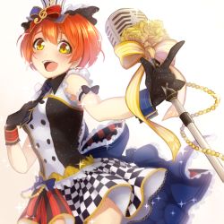 Rule 34 | 10s, 1girl, :d, arm garter, bad id, bad pixiv id, black gloves, bow, cafe maid (love live!), checkered clothes, checkered skirt, gloves, hair bow, hat, hoshizora rin, love live!, love live! school idol festival, love live! school idol project, microphone, musical note, nemunemu (bluelight5), open mouth, orange hair, ribbon, short hair, skirt, smile, solo, sparkle, treble clef, yellow eyes